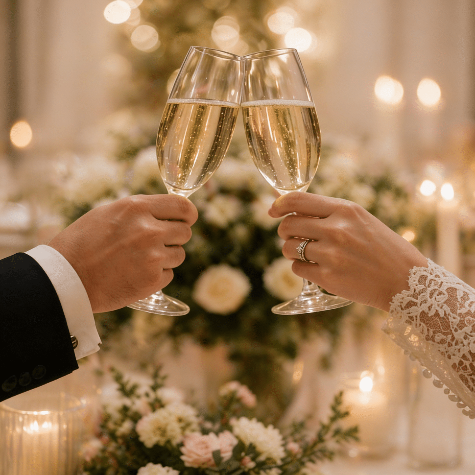 A couple clinking champagne glasses in a toast, symbolizing celebration and togetherness