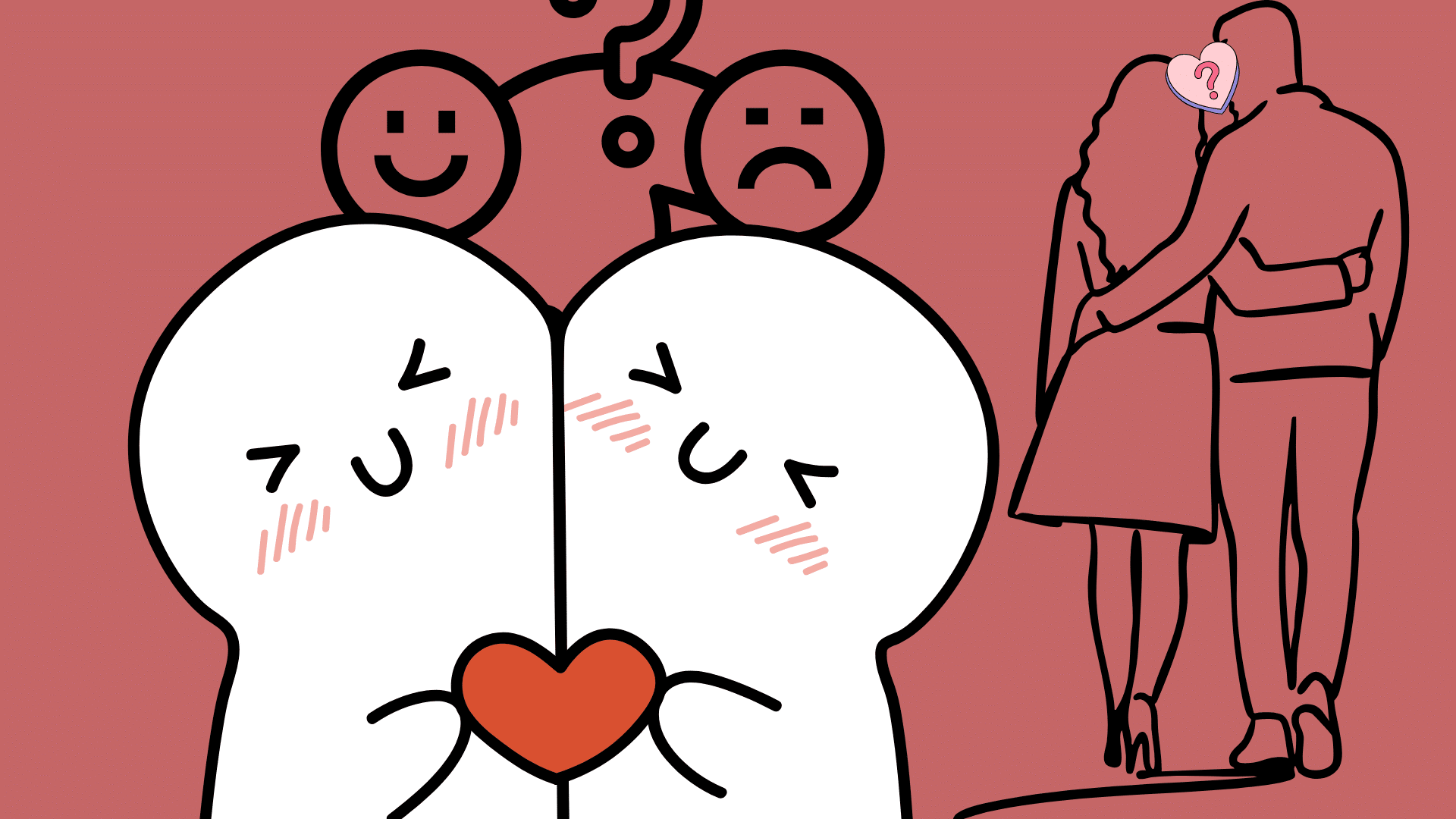 Two abstract faces holding a heart, with a couple walking away in the background, love and connection