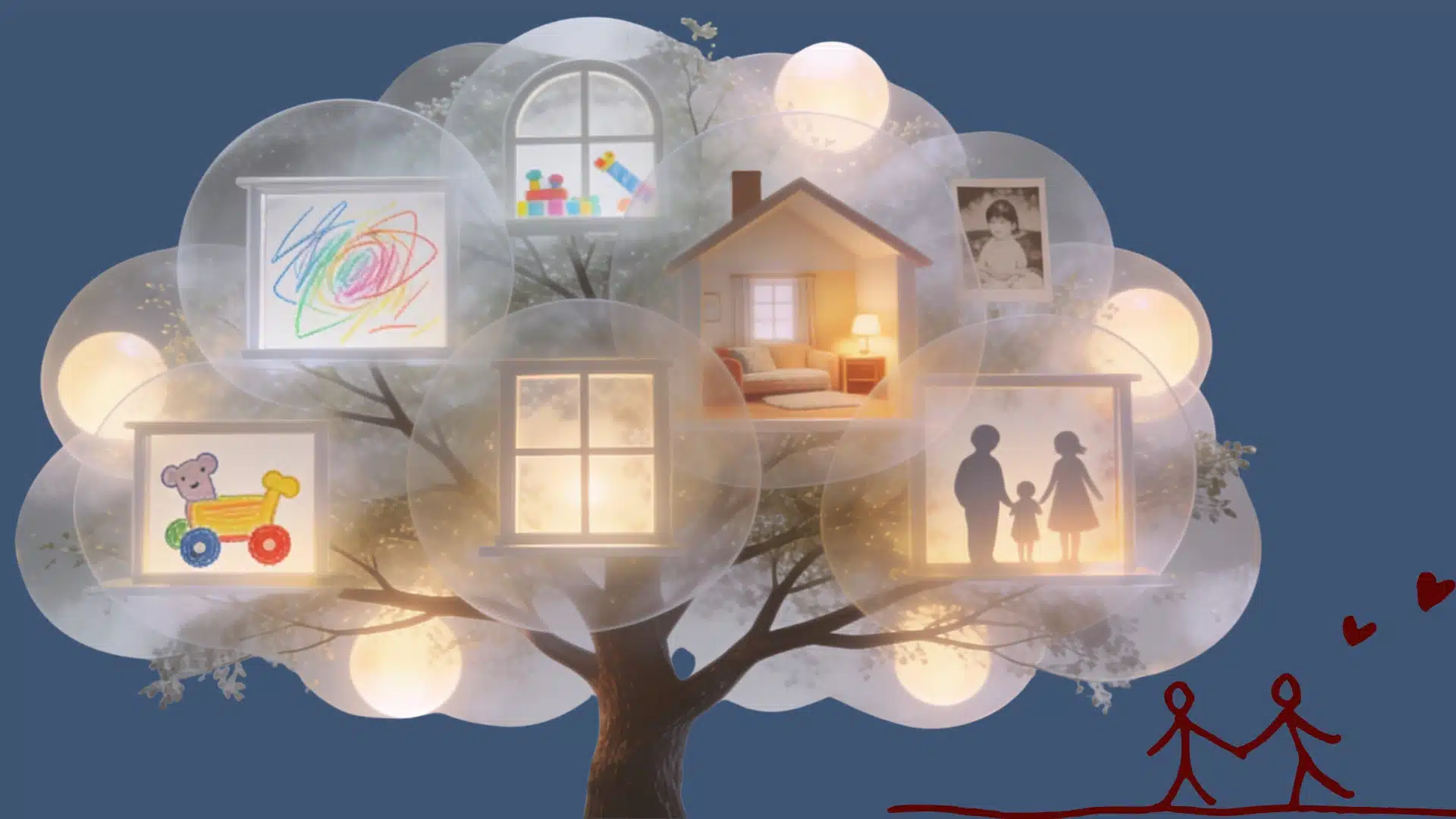 Layered tree with window-like symbols, representing personal background and memories