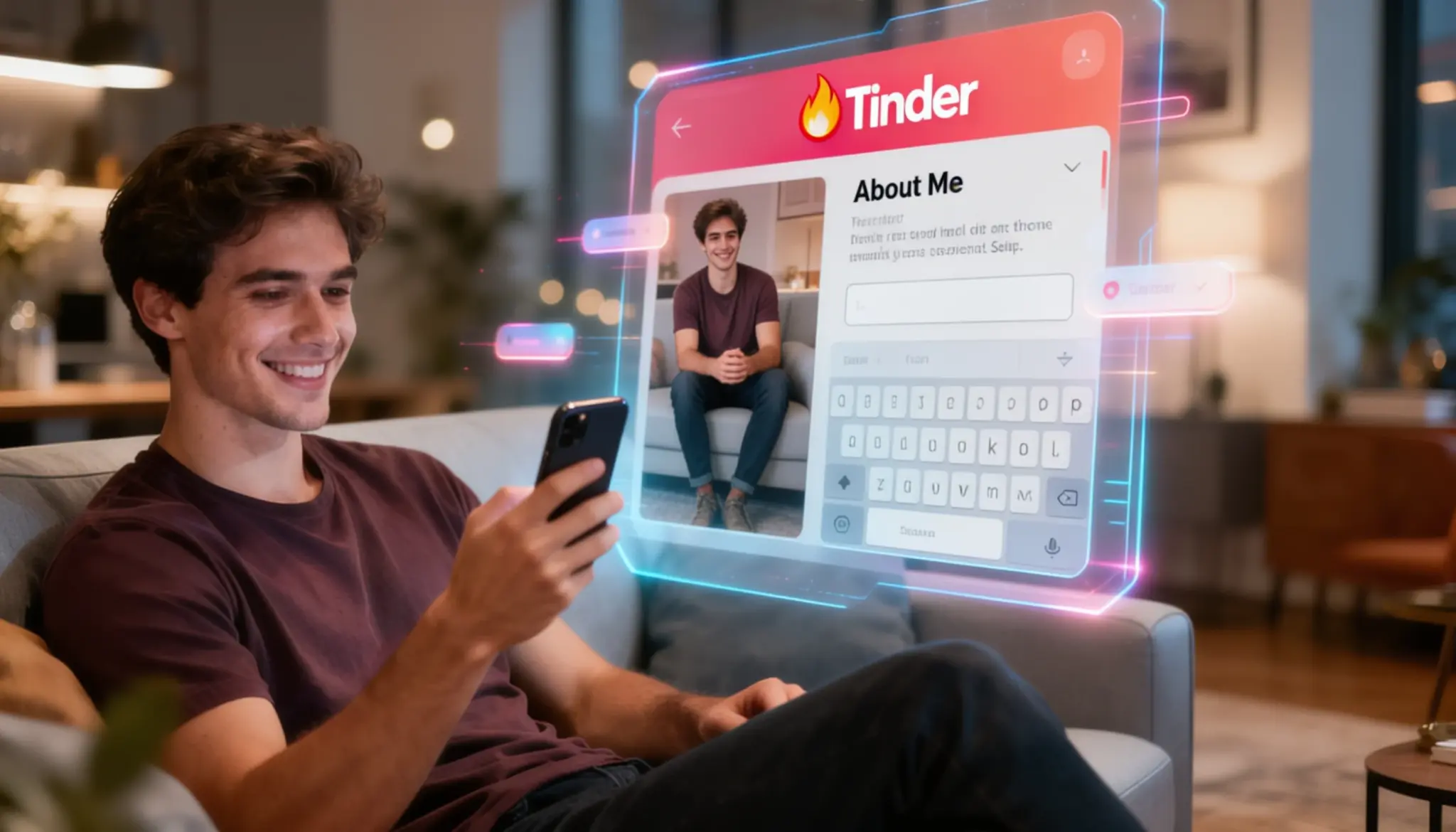 Man smiling while holding a smartphone displaying a Tinder profile interface with his picture and bio.