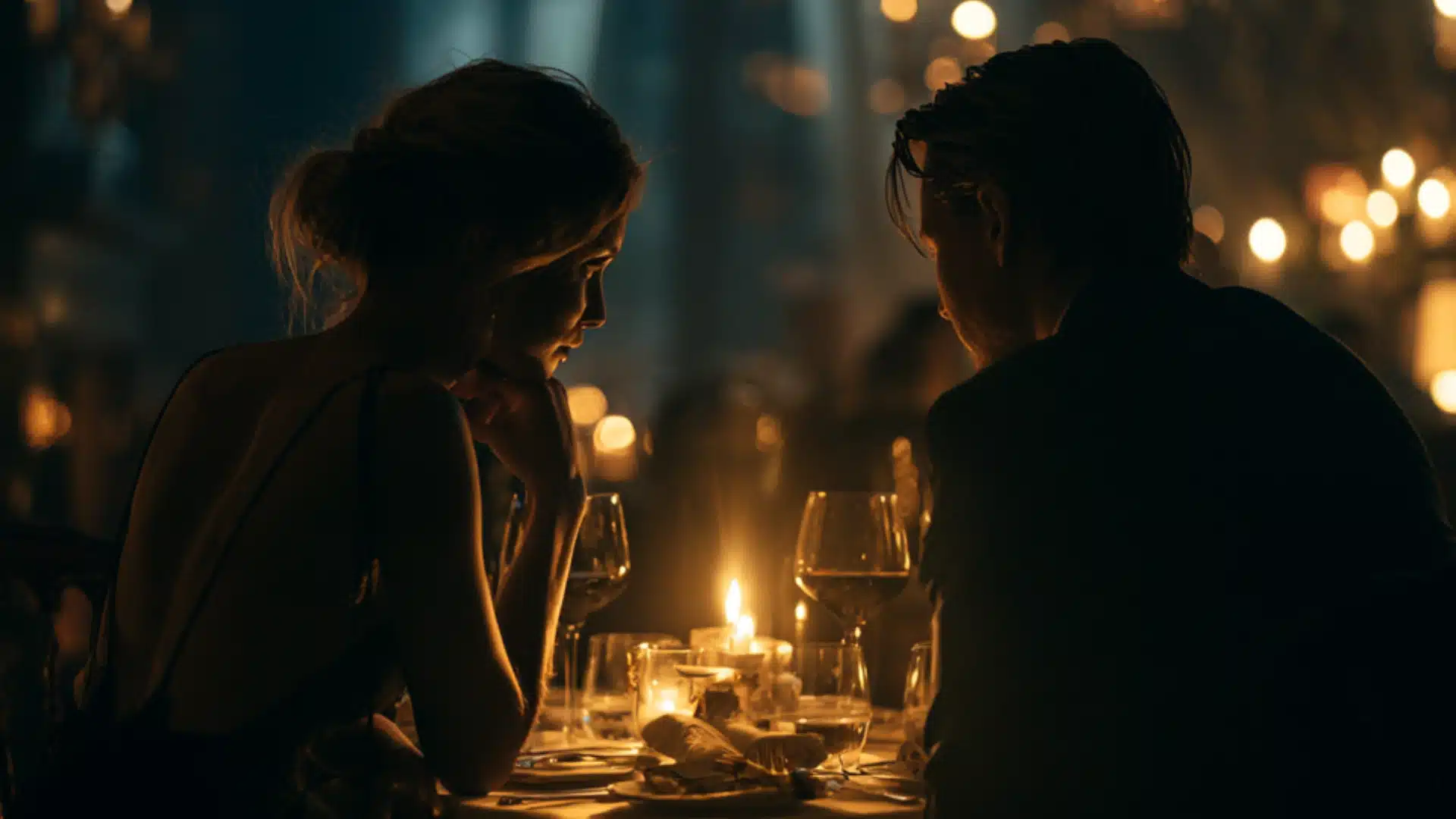 A couple enjoying a romantic candlelit dinner at night, surrounded by soft lighting and an intimate atmosphere.