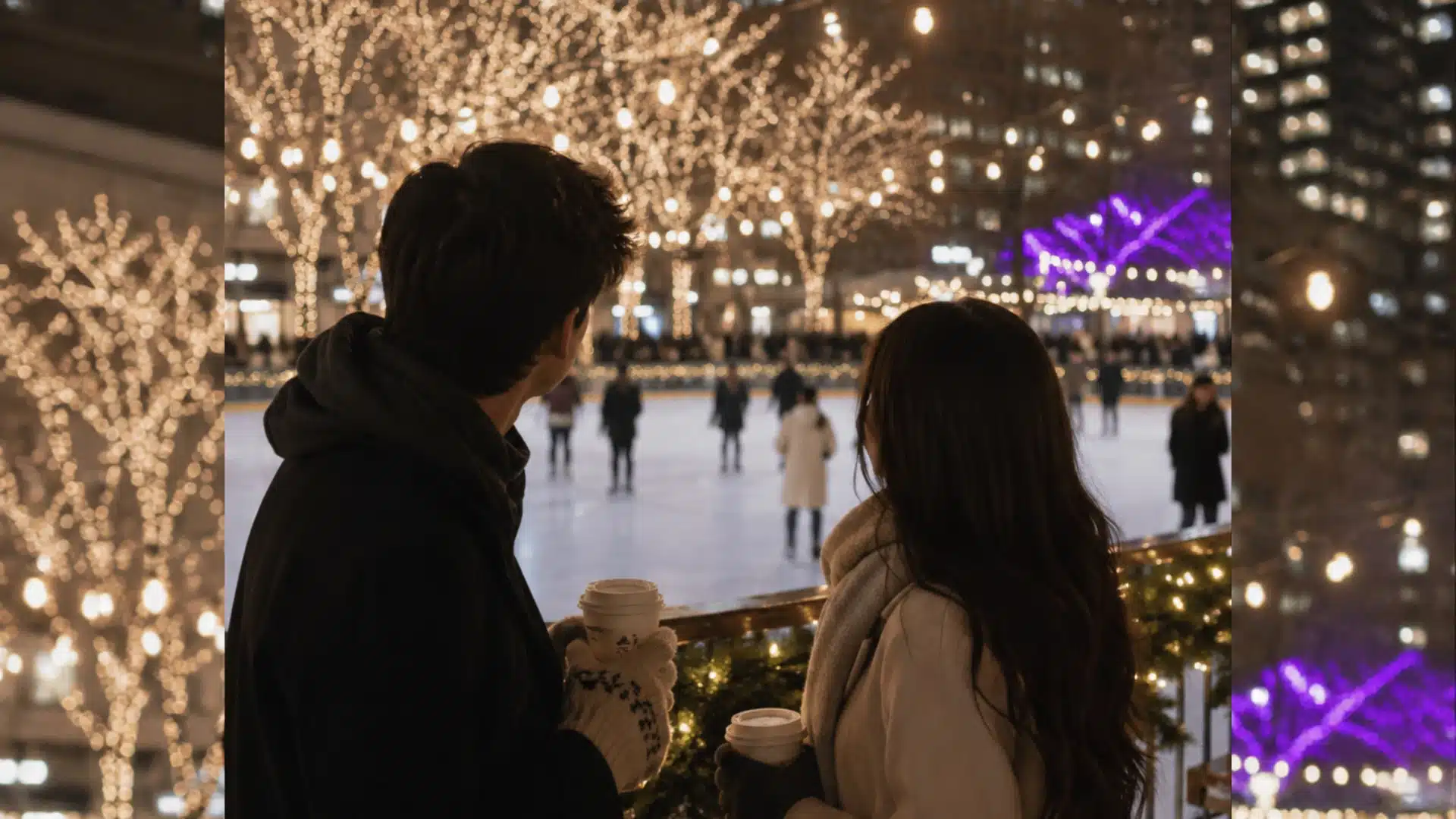 Romantic winter date by a glowing outdoor ice rink with coffee and festive city lights backdrop.