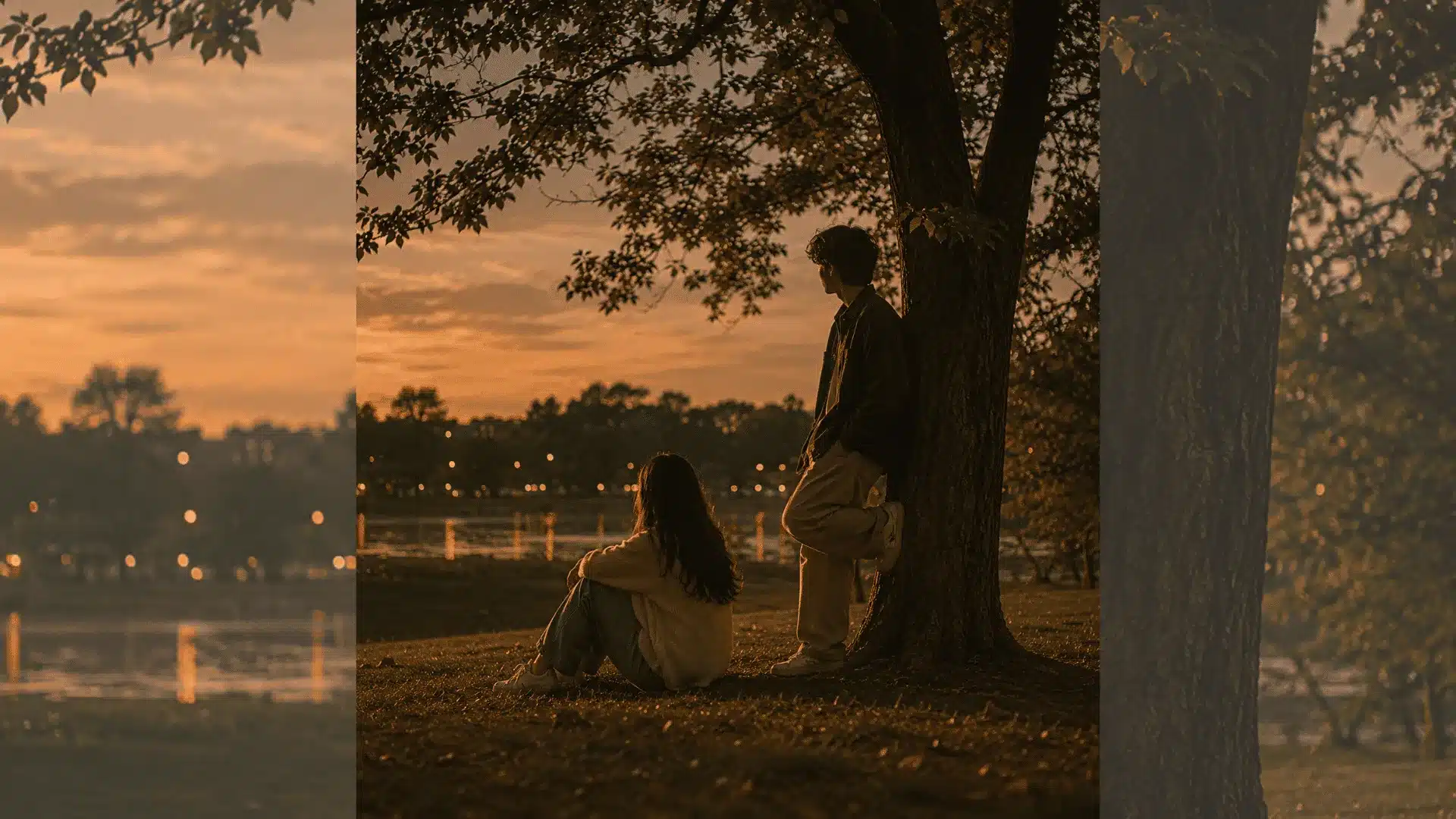 Couple sitting quietly under a tree during sunset beside a lake, warm cinematic evening mood