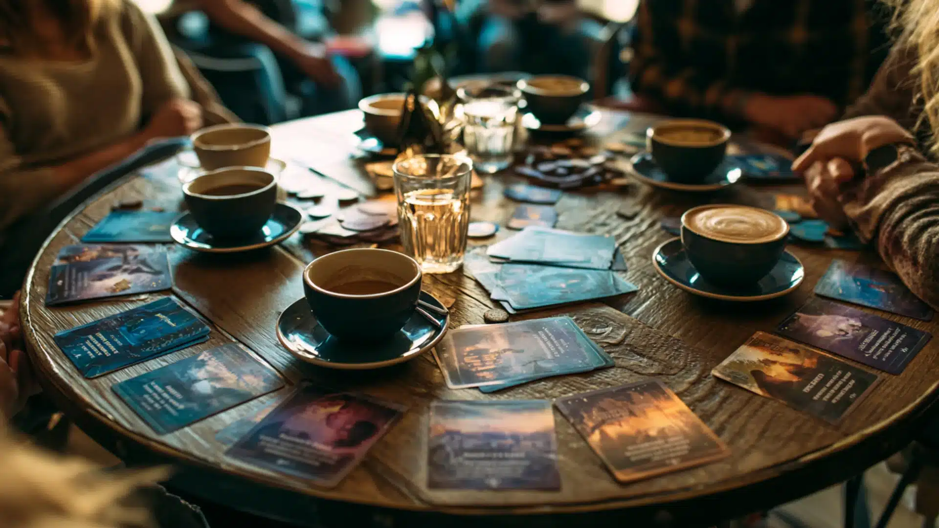. A wooden table displaying scattered playing cards alongside two steaming coffee cups, inviting a social game experience.