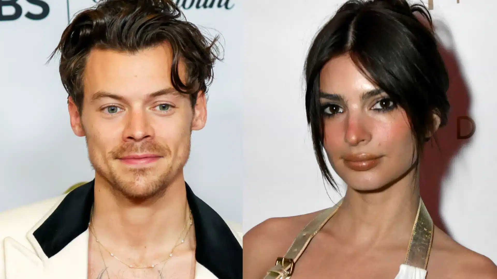 Split screen featuring close-up portraits of Harry Styles on the left and Emily Ratajkowski on the right
