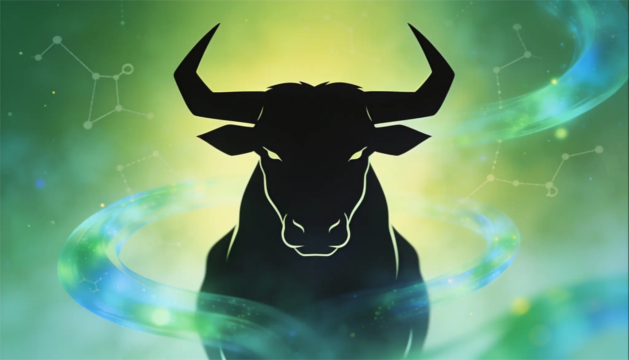 Silhouette of a bull against a cosmic background, symbolizing the Taurus zodiac sign with swirling colors and astrological elements.