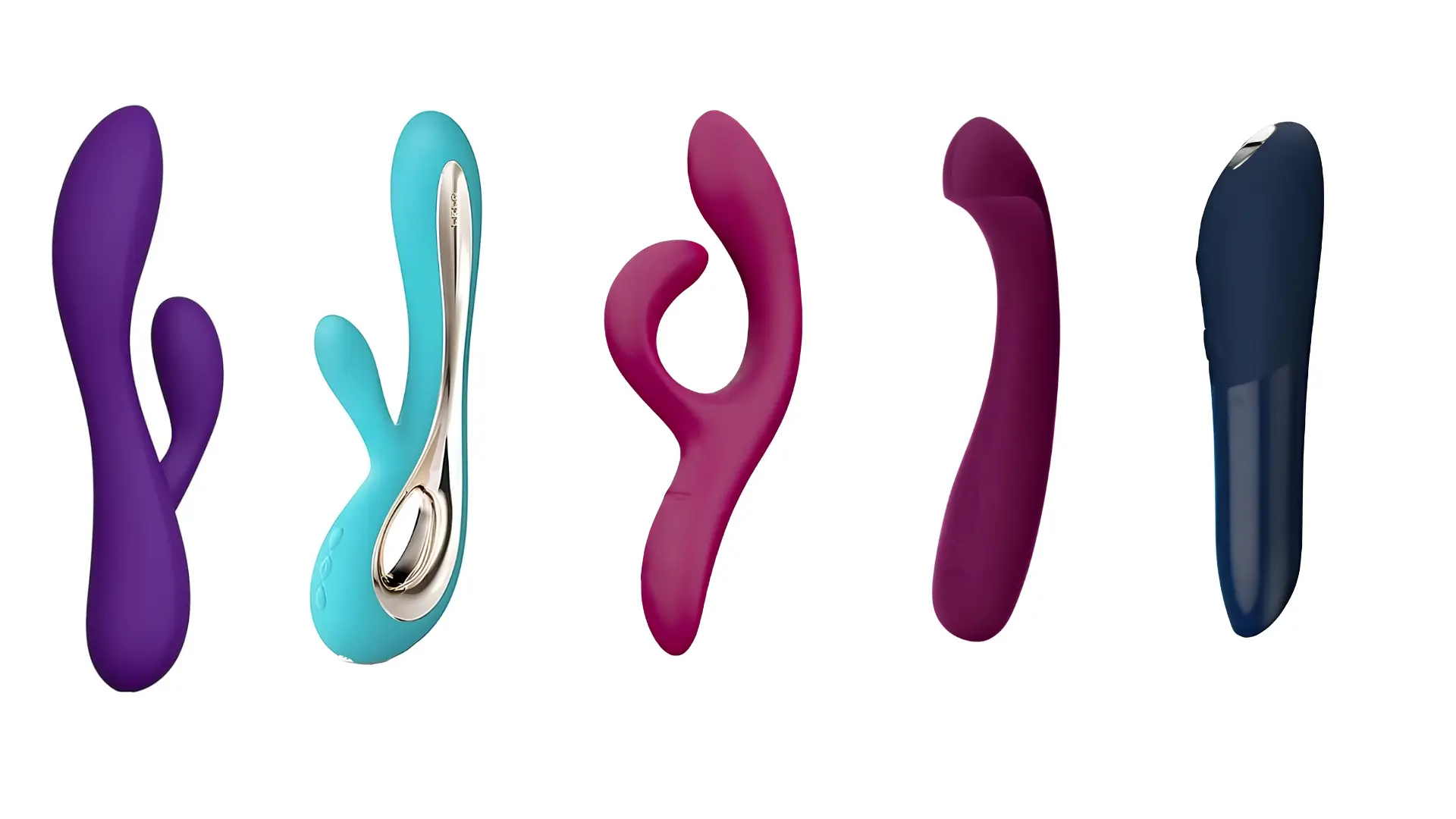 Row of five internal and dual stimulation vibrators in shades of purple teal and magenta against a white background