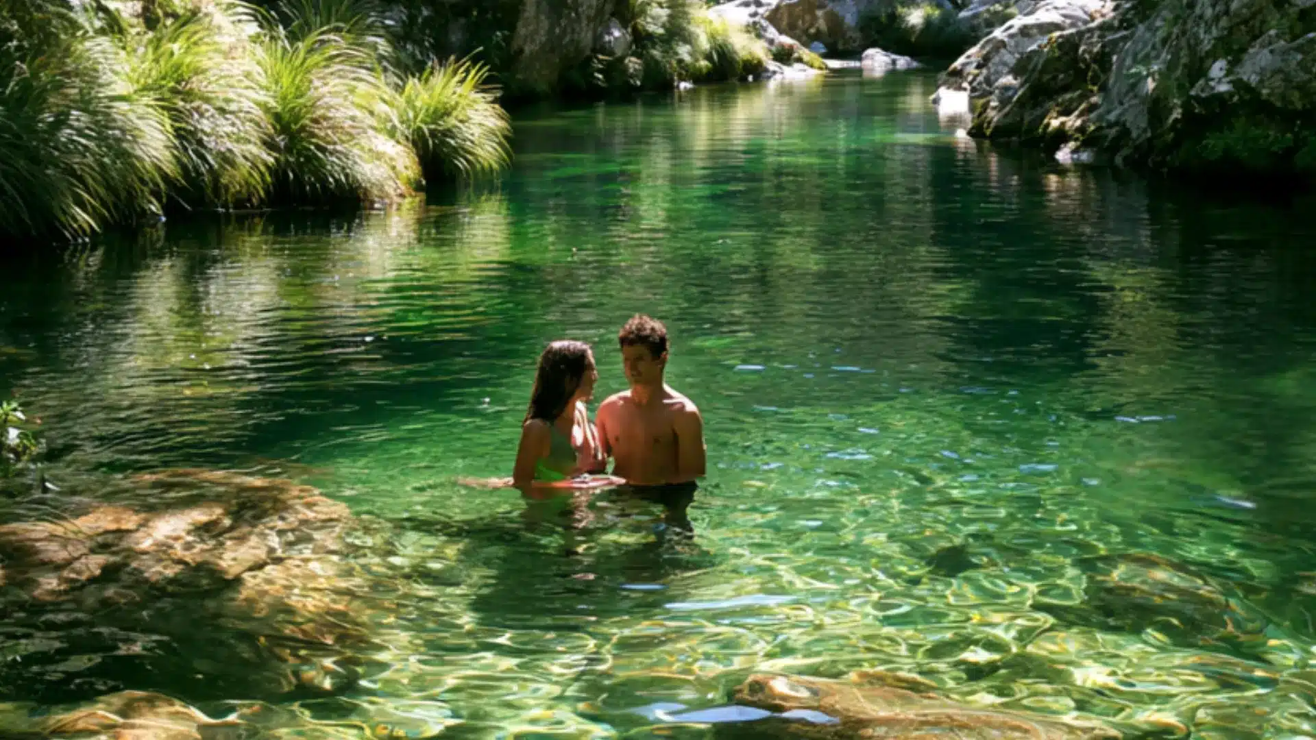 Two people wading in a clear river, with sunlight glistening on the water and lush vegetation in the background.