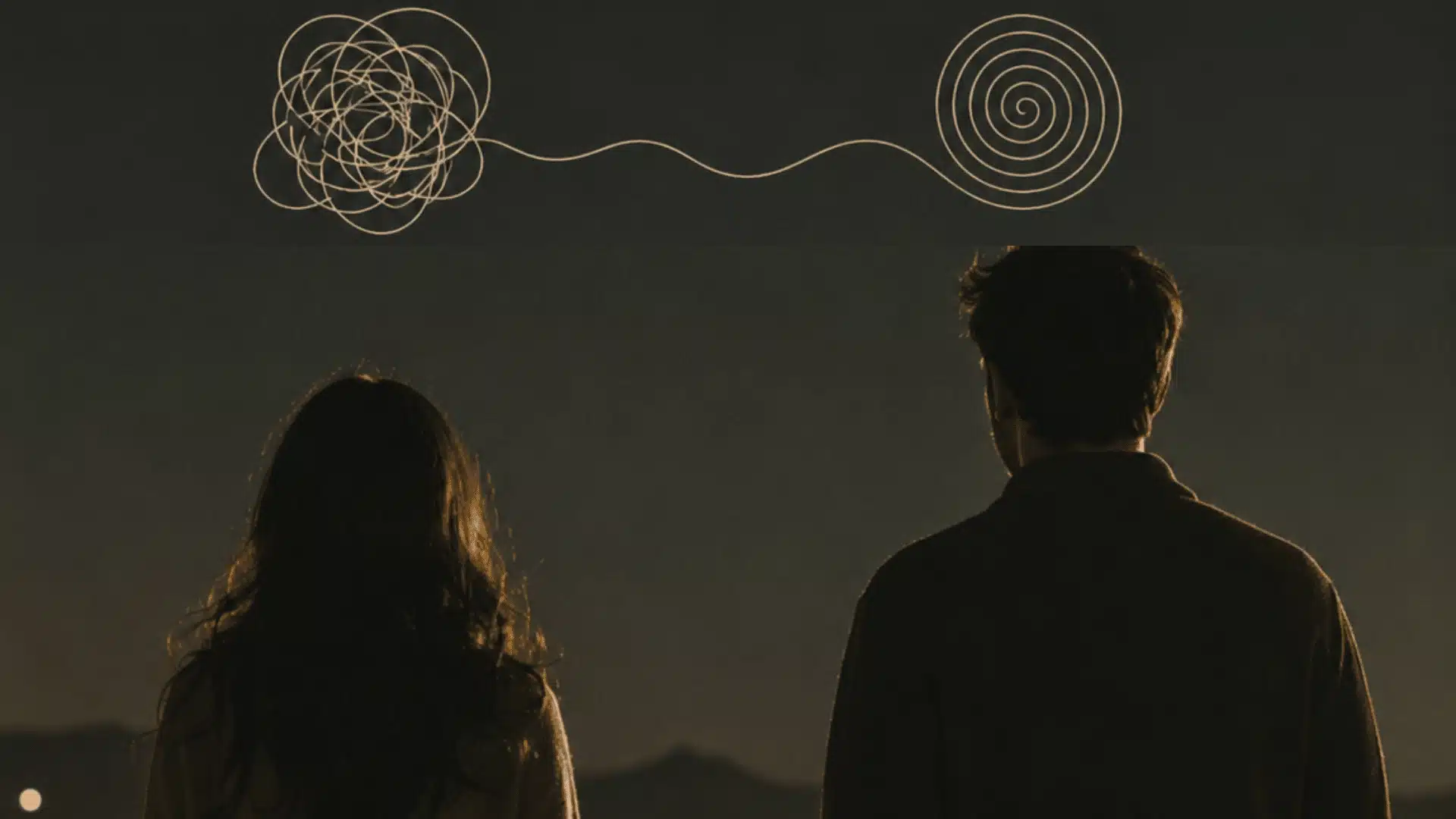 Couple standing together at night with abstract emotional line art above them, moody atmosphere