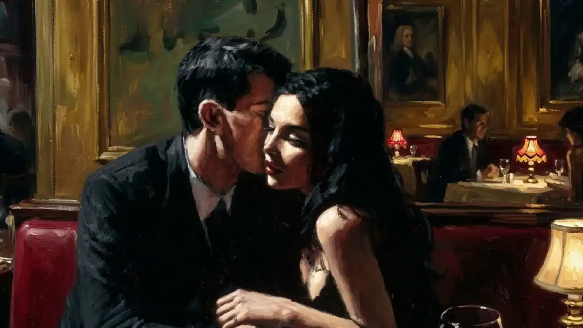 An oil painting of a man whispering to a woman in a dark moody bar while other patrons sit at small tables with lamps