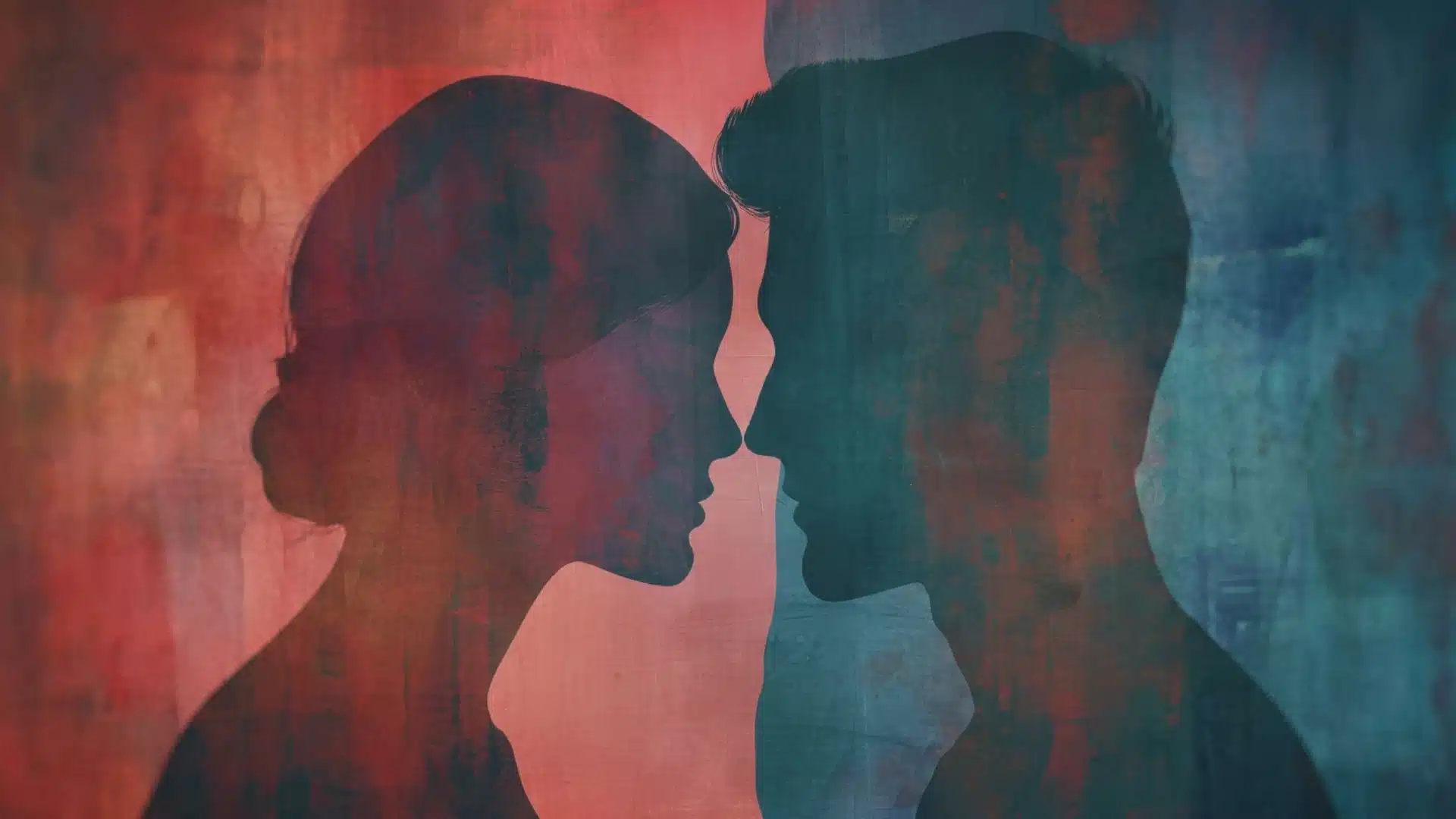Two silhouettes facing each other in warm and cool tones representing tension and connection in a relationship