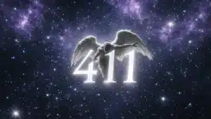 Glowing 411 angel number with a winged angel against a star-filled galaxy representing spiritual guidance and divine messages.
