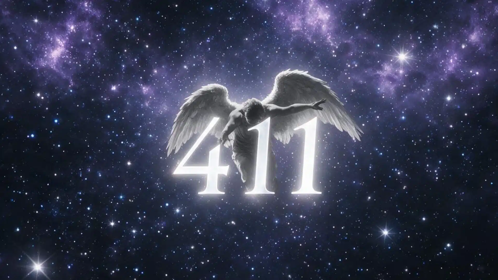 Glowing 411 angel number with a winged angel against a star-filled galaxy representing spiritual guidance and divine messages.