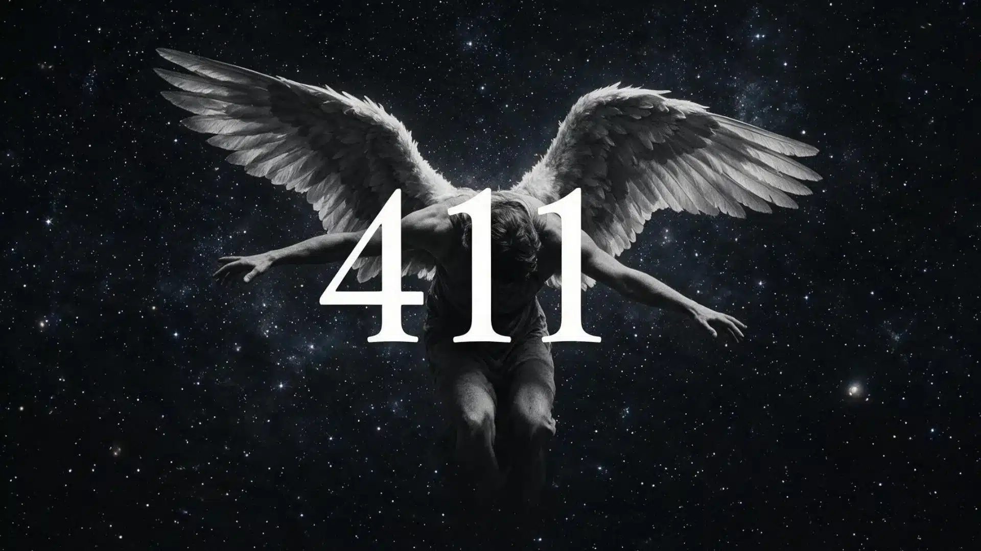 Winged angel behind the glowing 411 angel number against a starry night sky symbolizing spiritual guidance and protection.