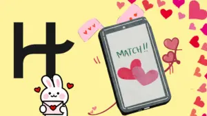 A cartoon rabbit holding an envelope stands next to a smartphone displaying "MATCH!!" with hearts, set against a yellow background with scattered hearts.