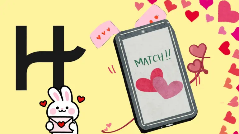 A cartoon rabbit holding an envelope stands next to a smartphone displaying "MATCH!!" with hearts, set against a yellow background with scattered hearts.