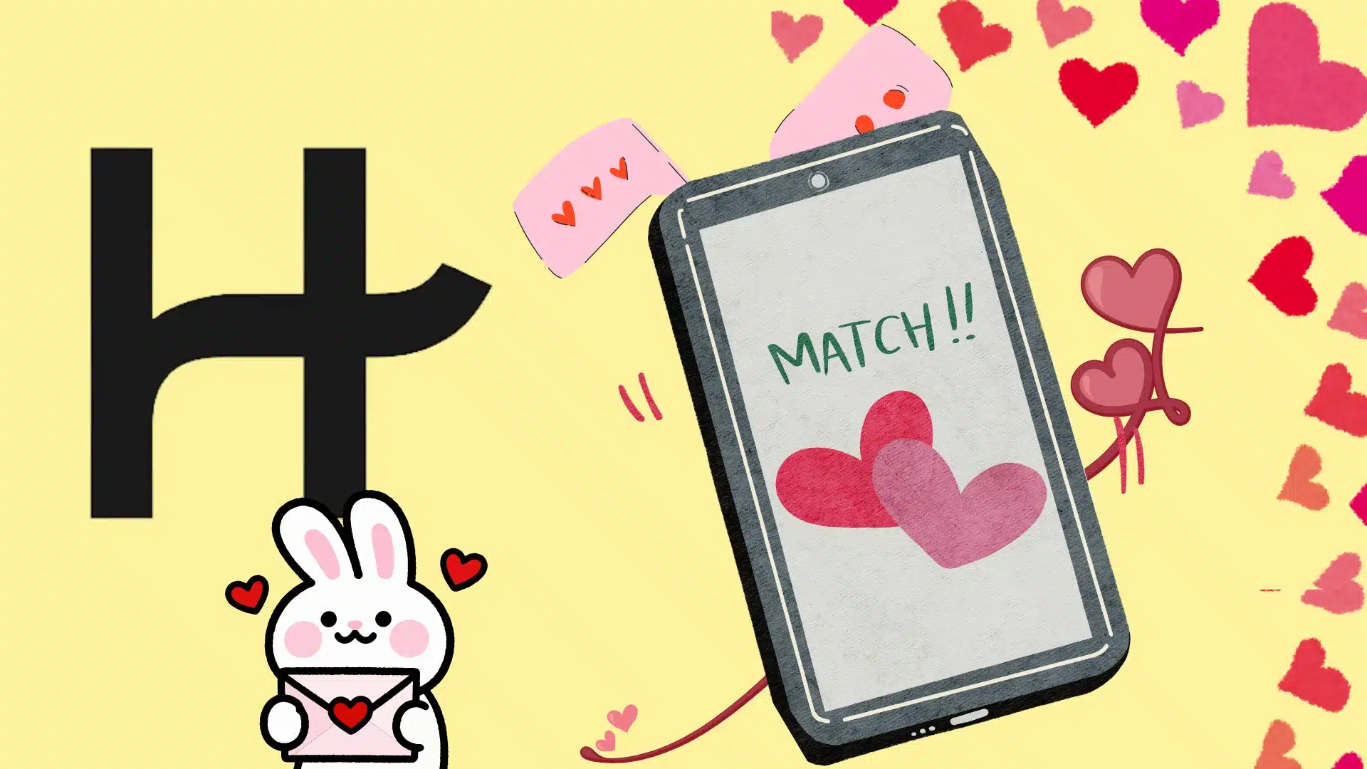 A cartoon rabbit holding an envelope stands next to a smartphone displaying "MATCH!!" with hearts, set against a yellow background with scattered hearts.