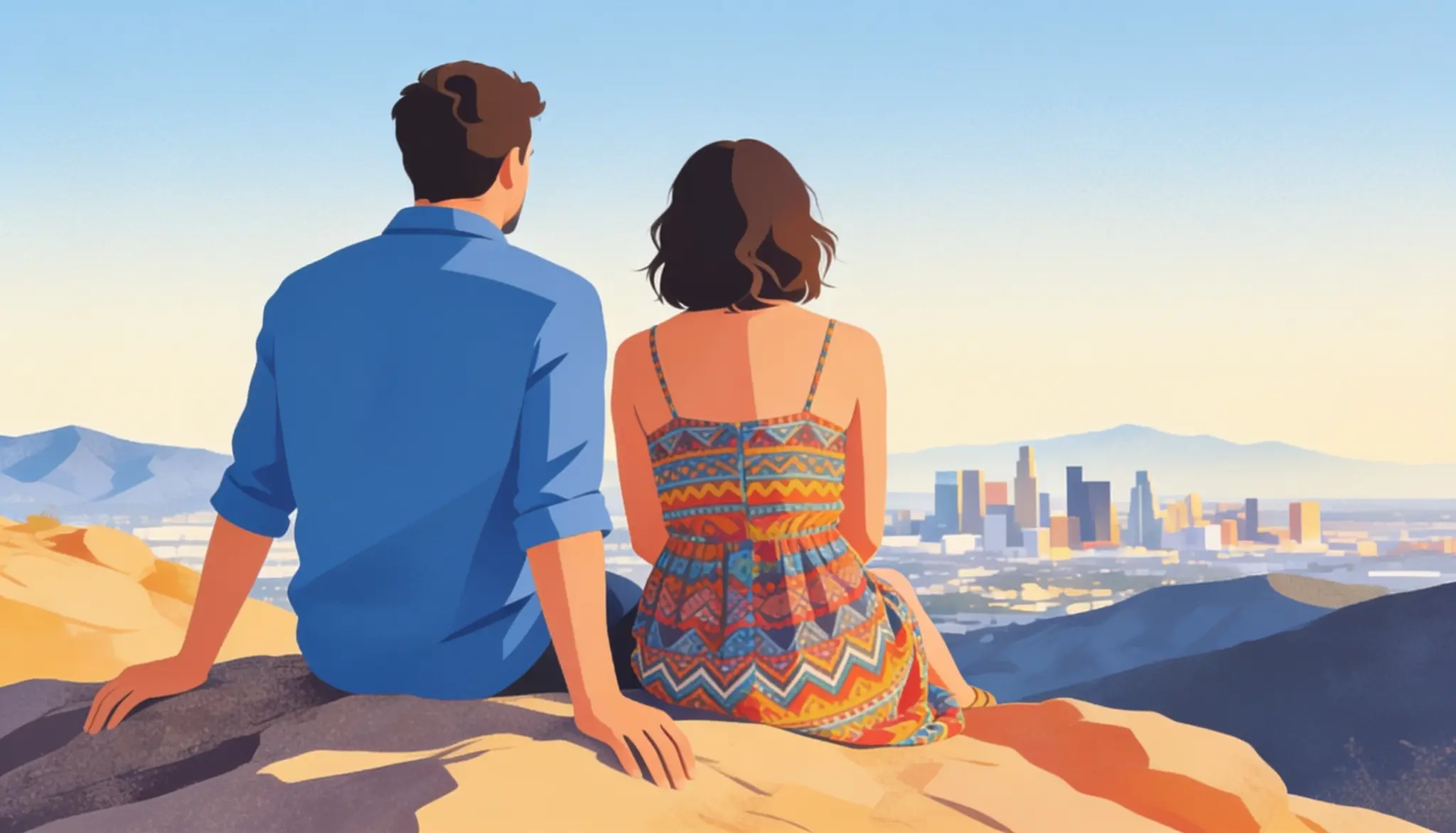 A couple sits on a rock, gazing at the city skyline in the distance, surrounded by nature.