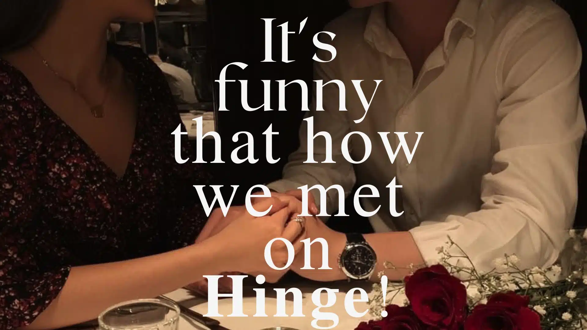 A couple holds hands, showcasing a ring, with text overlayed that reads 