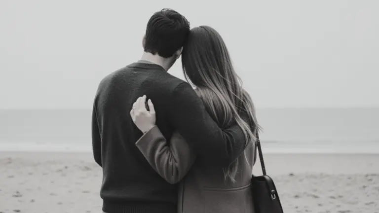 A couple embracing on a sandy beach with the ocean in the background.