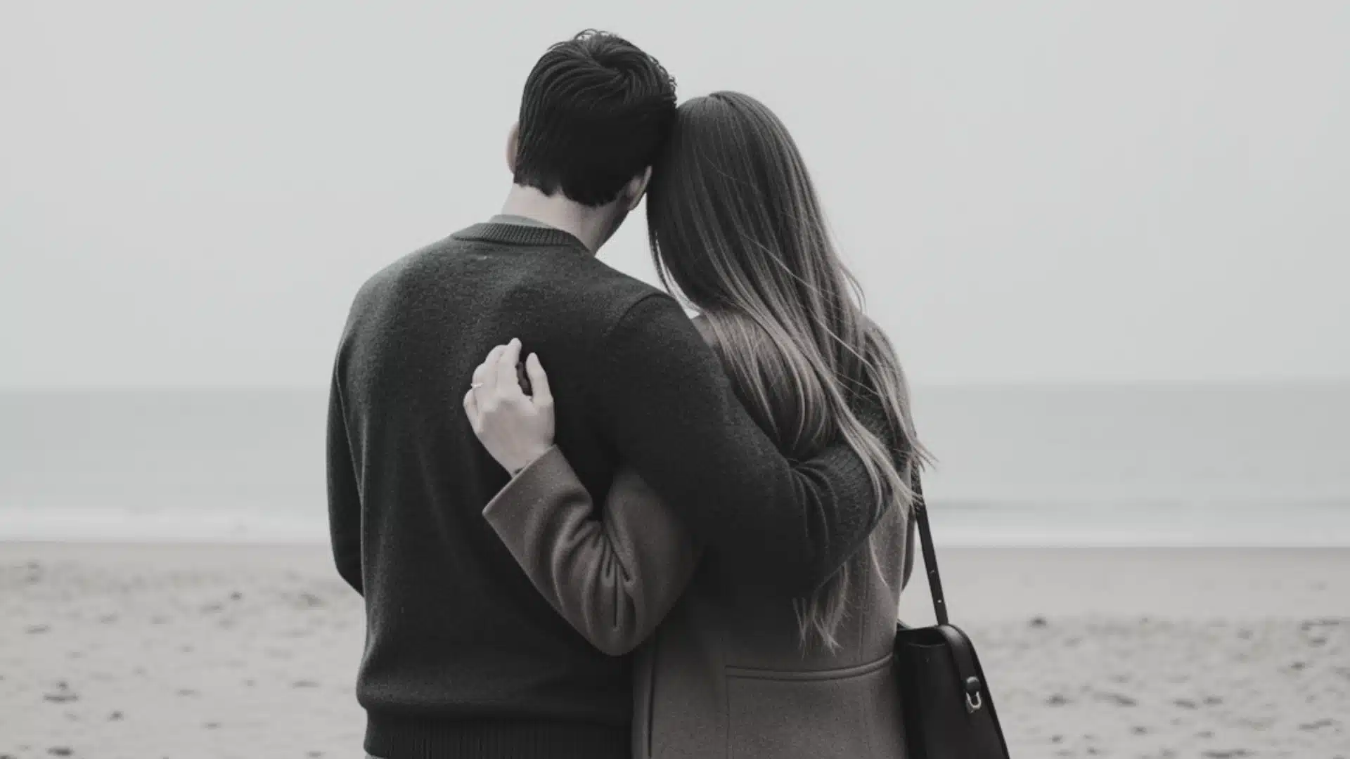 A couple embracing on a sandy beach with the ocean in the background.