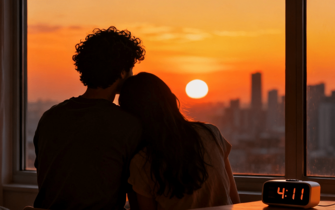 **Alt text:** Couple watching a sunset beside a clock showing 4:11 symbolizing 411 angel number twin flame connection and reunion.