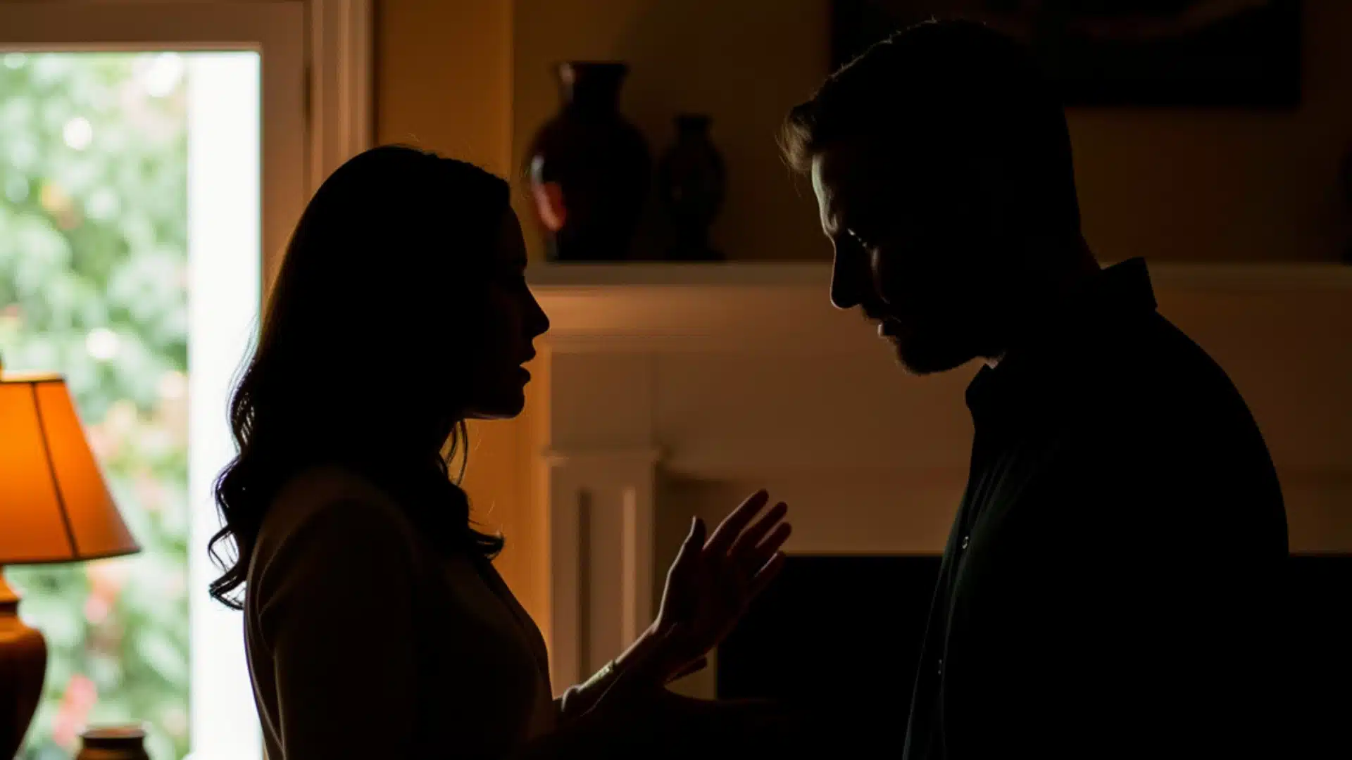 Silhouetted couple in an indoor setting appear to be in a tense discussion.