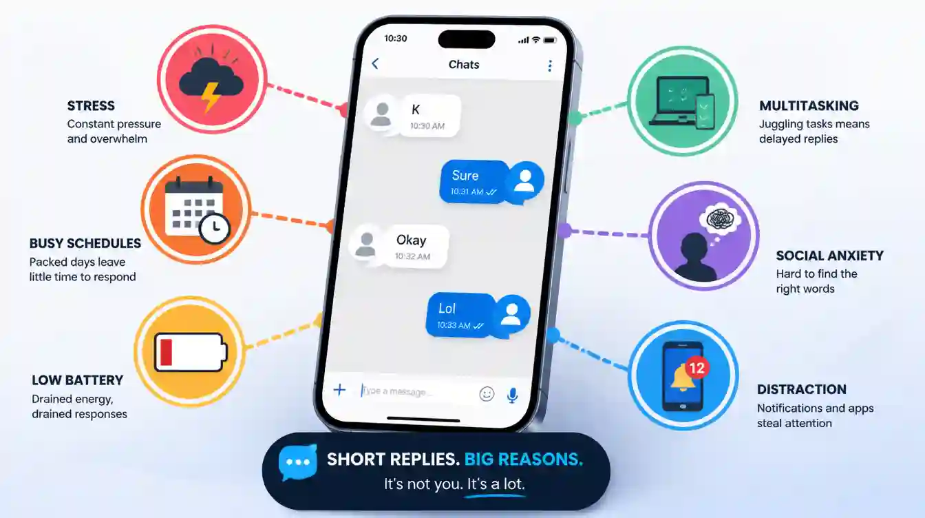 Infographic illustrating reasons for short text replies including stress, busy schedules, low battery, multitasking, social anxiety, and distraction.