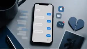 Smartphone displaying a text message conversation with a broken heart, notification icons, and a cup of coffee.