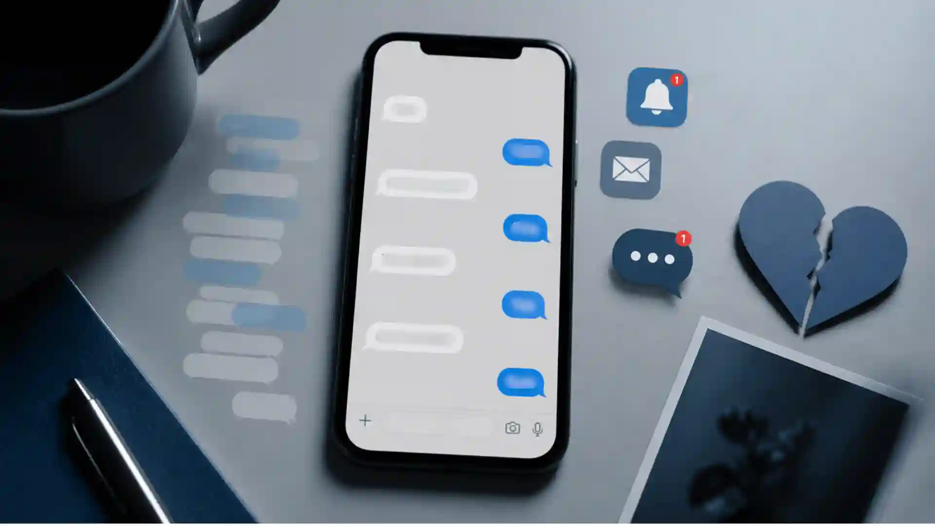Smartphone displaying a text message conversation with a broken heart, notification icons, and a cup of coffee.