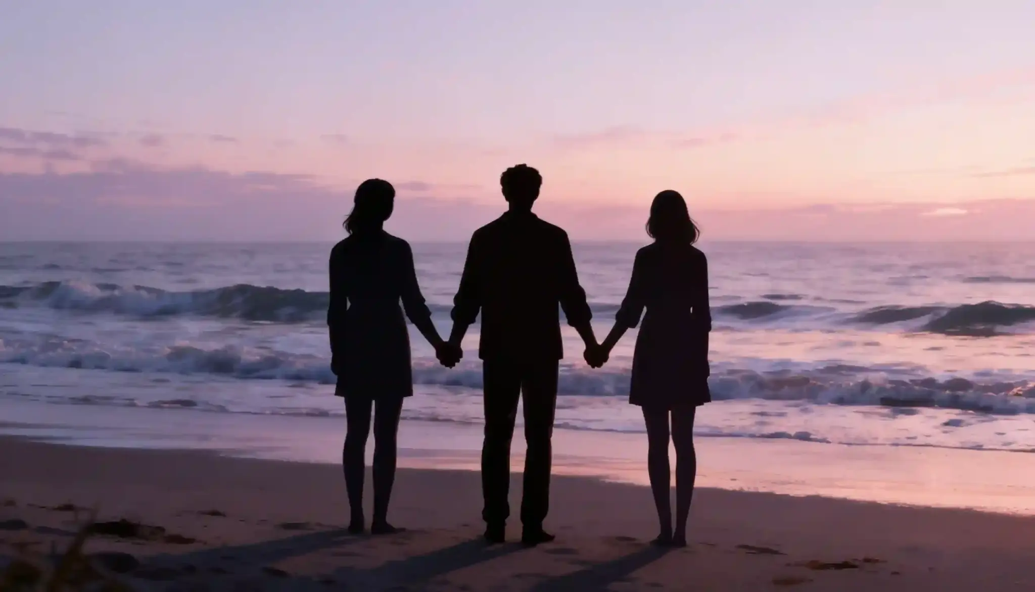 Silhouettes of three people holding hands on a beach at sunset.
