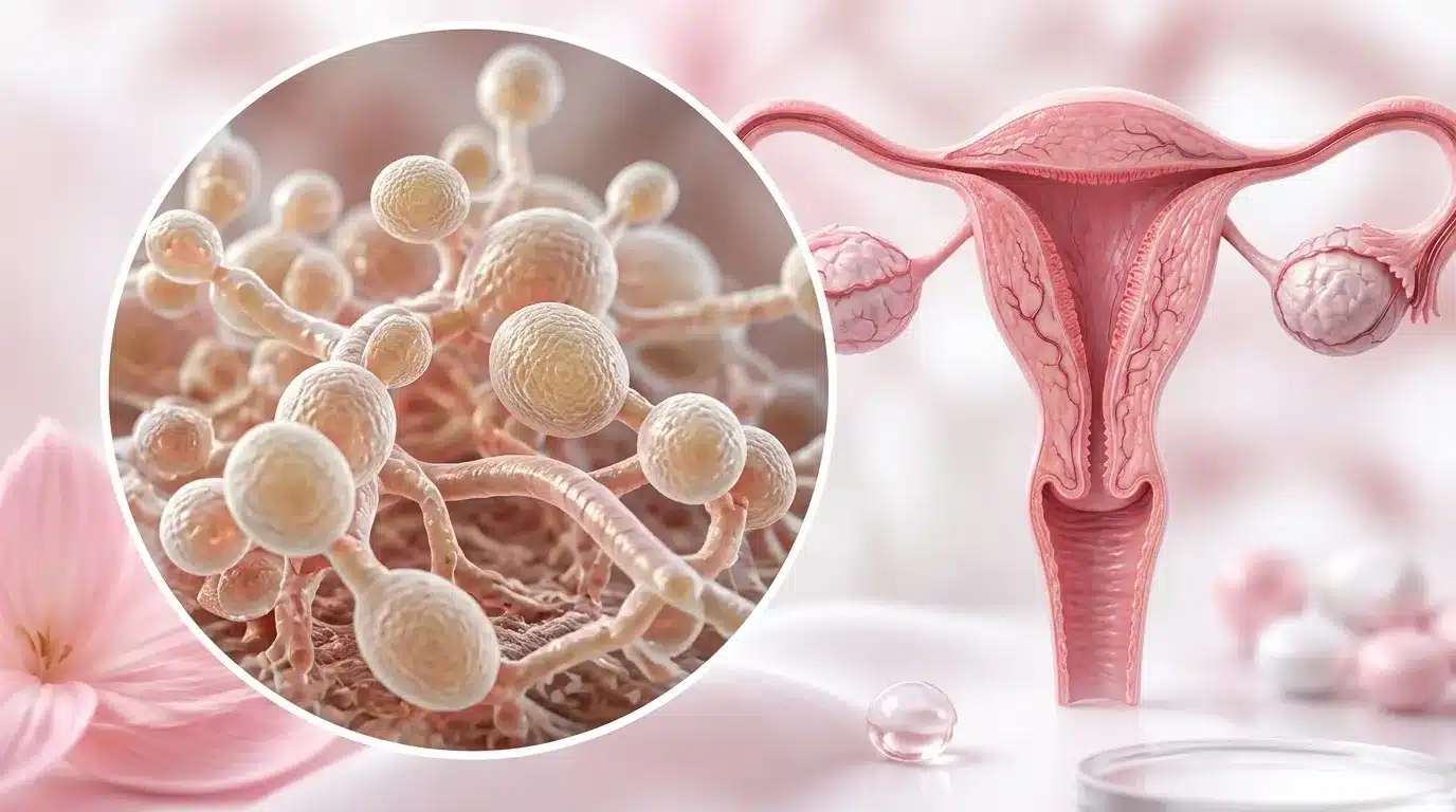 Illustration of Candida yeast overlaid on the female reproductive system, representing a vaginal yeast infection and reproductive health.