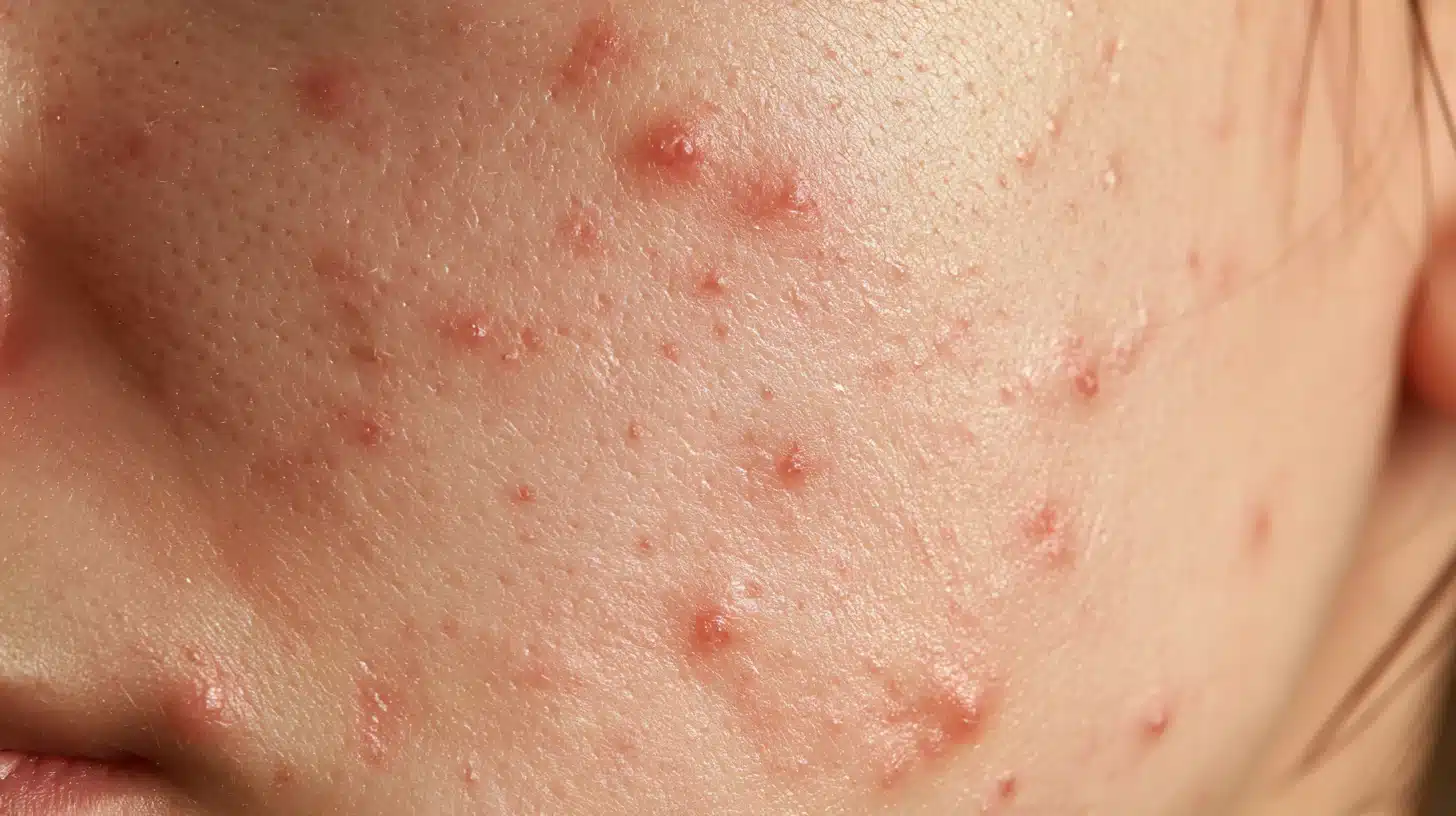 a close-up of a woman's face which is inflammed and has acne spots on it.