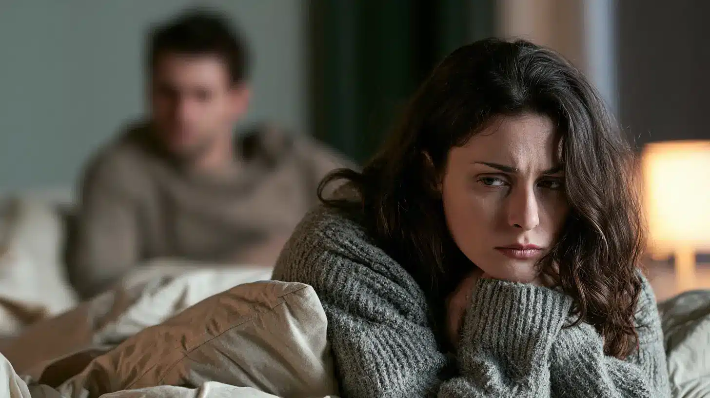 A couple seems in distress, the man is fading in the back while the woman looks upset.