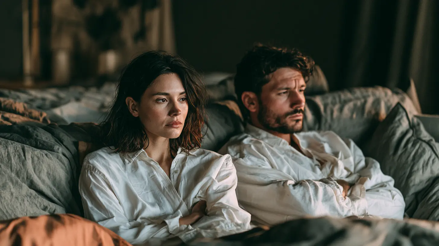 A couple sits next to each other, they look sad, they are wearing white shirts.