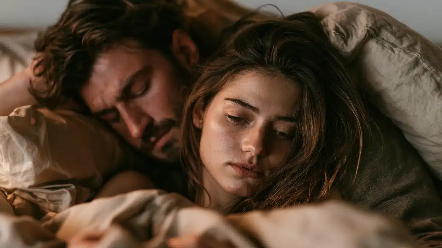 A man sits in the background, the woman looks upset and looking away