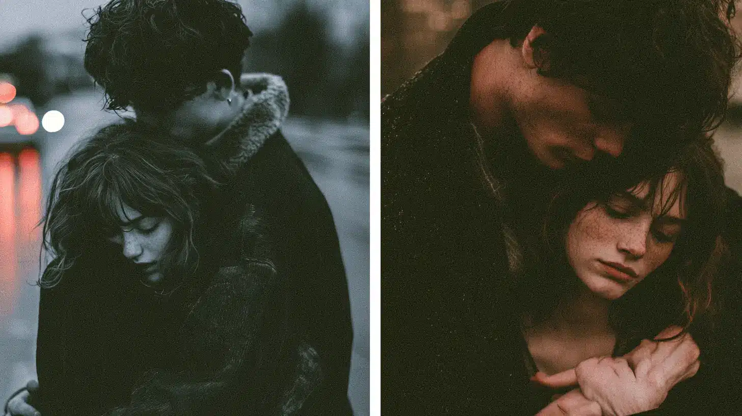 A split image of two couples hugging one another, and they look sad.