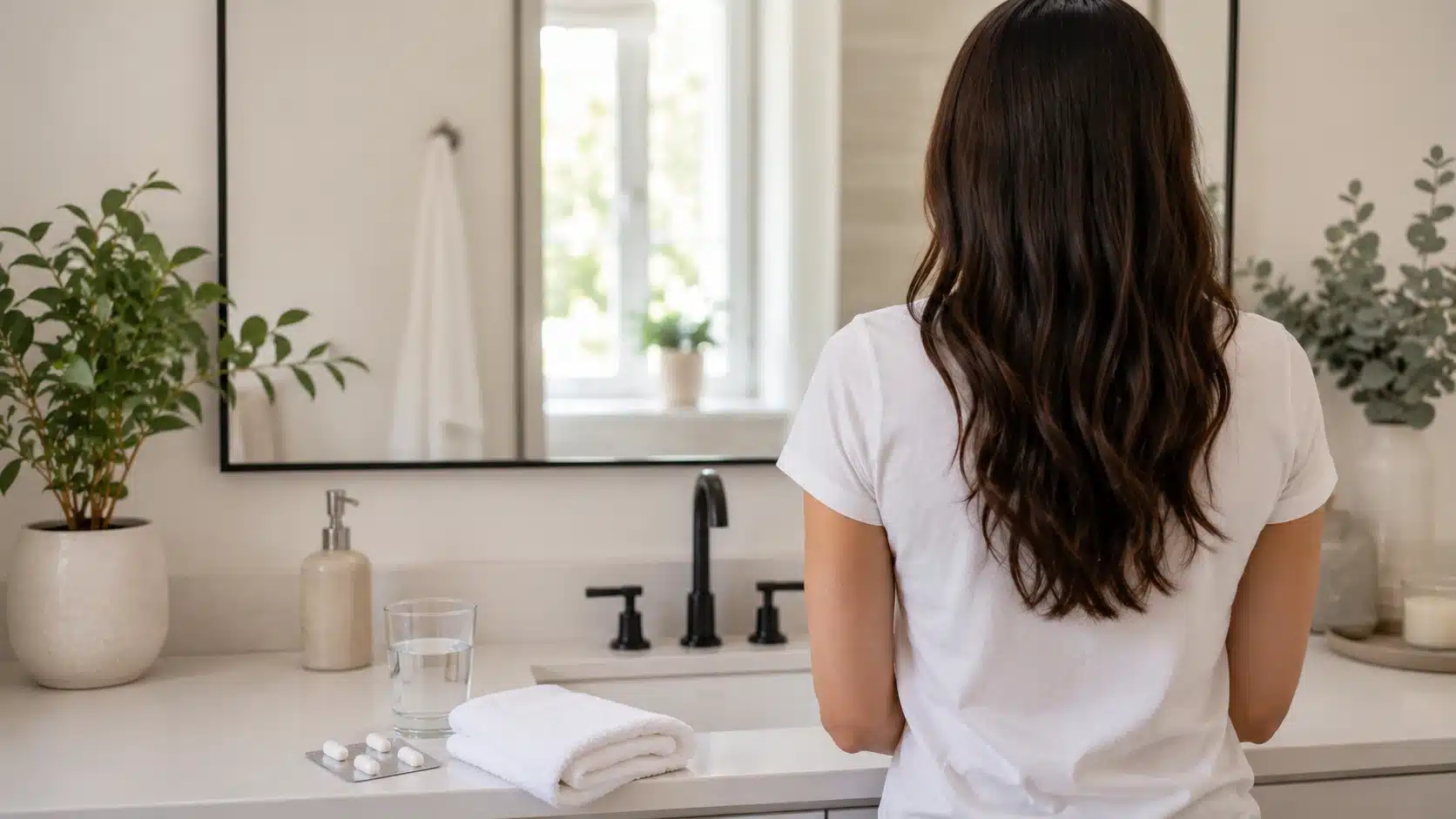A white bathroom sink featuring a towel, a tube of toothpaste, and a pack of pills on the countertop.