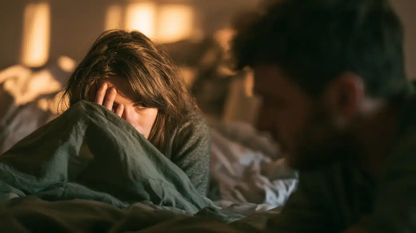 A woman seems sad, a man sits away from her, sunlight on her face.