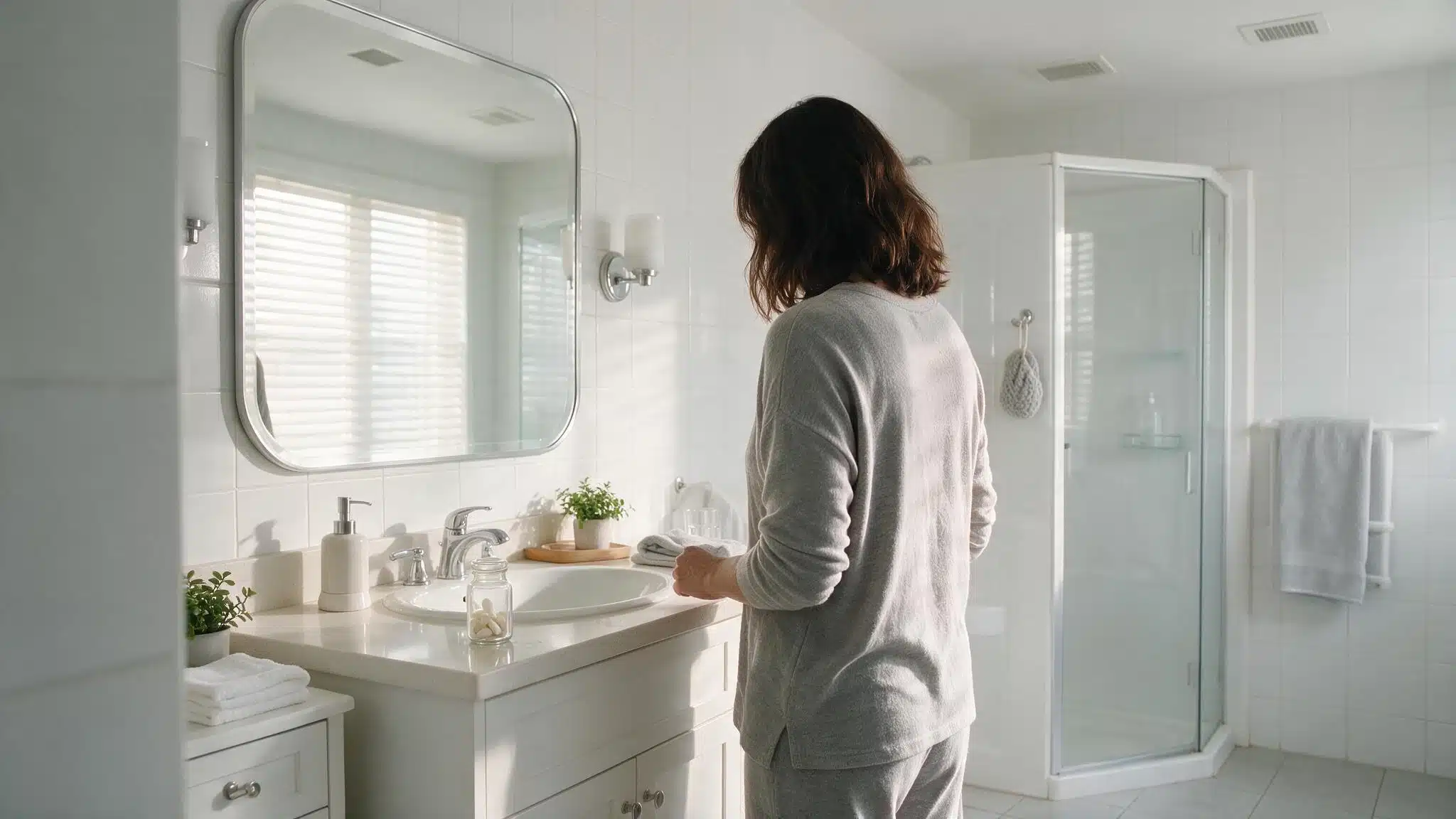 A woman stands in front of a bathroom sink, looking into the mirror with a thoughtful expression.