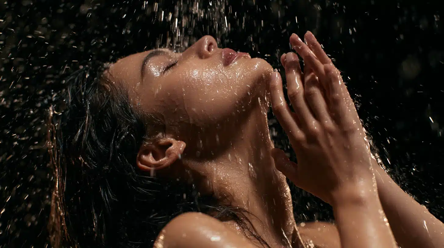 A woman stands under a shower, water cascading down her body, creating a refreshing and serene atmosphere.