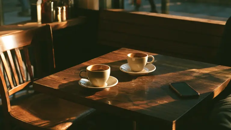 Two white cups of coffee on saucers and a smartphone rest on a wooden cafe table illuminated by morning sunlight.