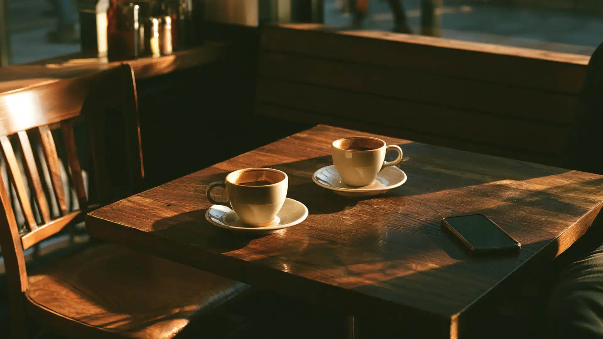 Two white cups of coffee on saucers and a smartphone rest on a wooden cafe table illuminated by morning sunlight.