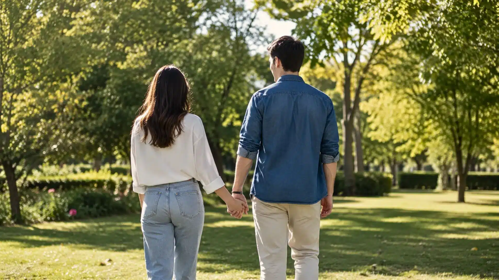 Young couple walking hand in hand through a park, viewed from behind, surrounded by trees and greenery.