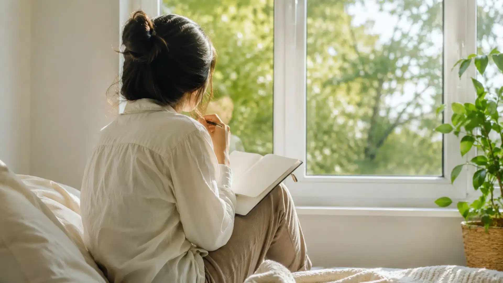 A woman sits on a bed, reading a book, with a potted plant beside her, creating a cozy atmosphere.