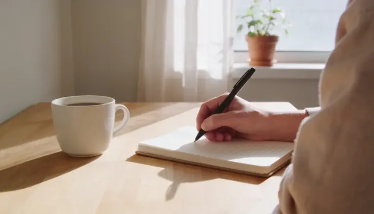 Person writing in a notebook with a cup of coffee on a wooden desk near a window.
