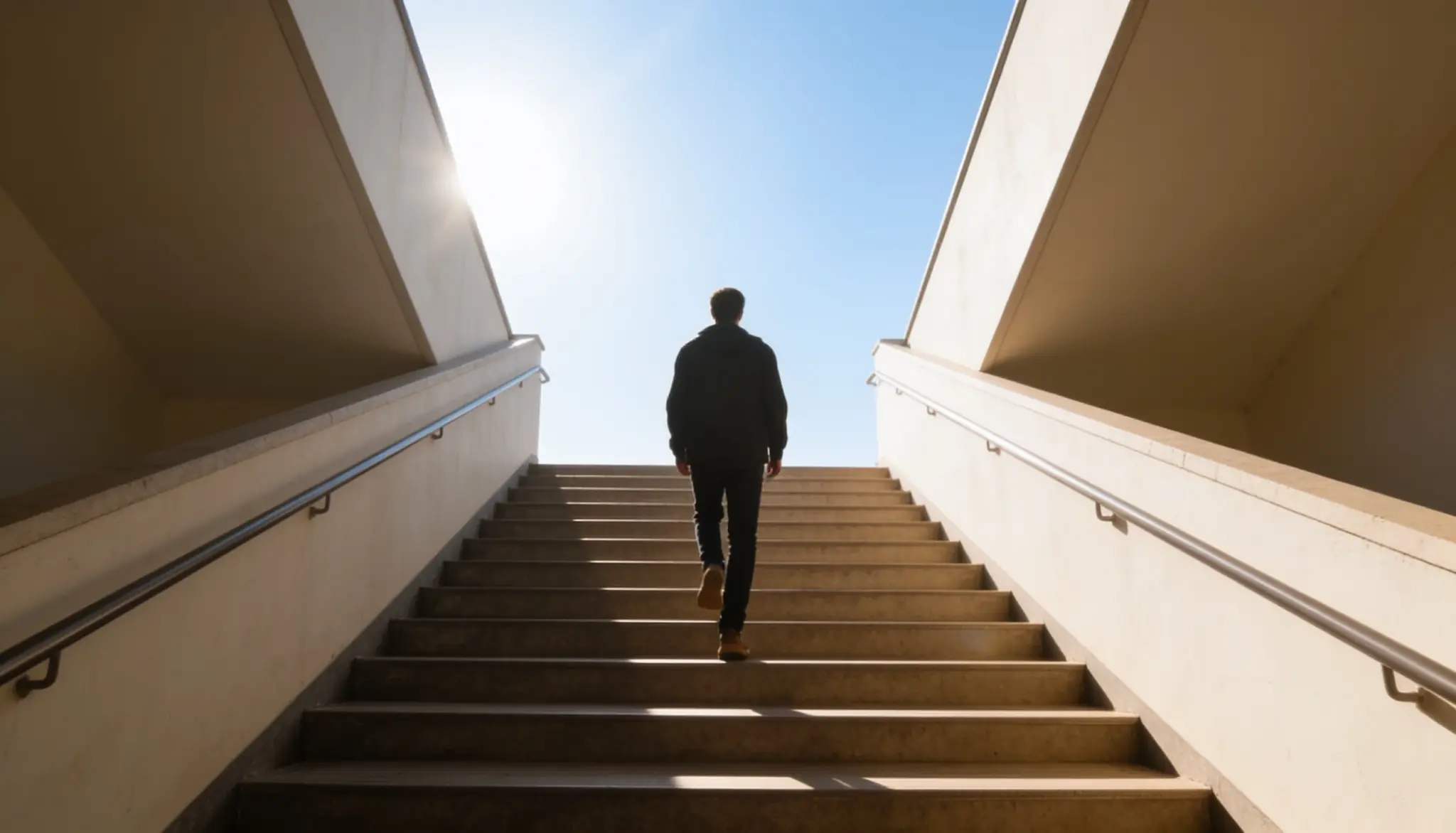 Silhouette of a person walking up an outdoor staircase towards a bright sky.