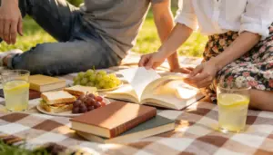 Two people having a picnic with sandwiches fruit drinks and books on a checkered blanket