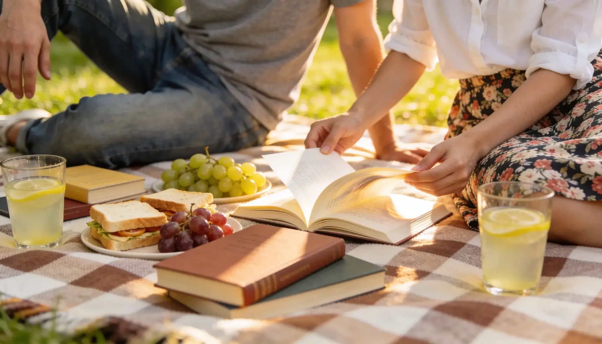 Two people having a picnic with sandwiches fruit drinks and books on a checkered blanket