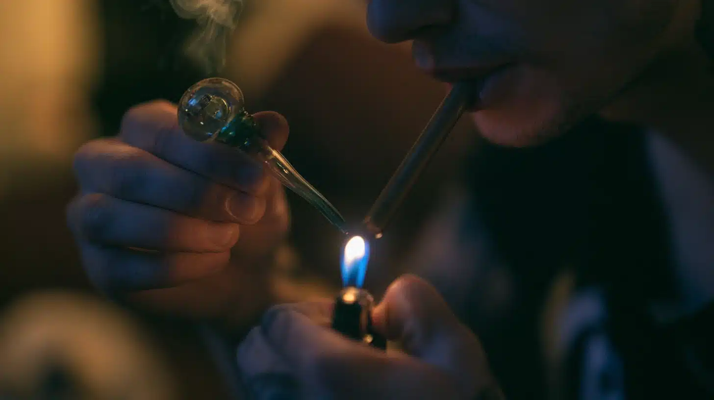 Close-up of a man using a lighter to heat a glass pipe held to his mouth in a dimly lit setting.